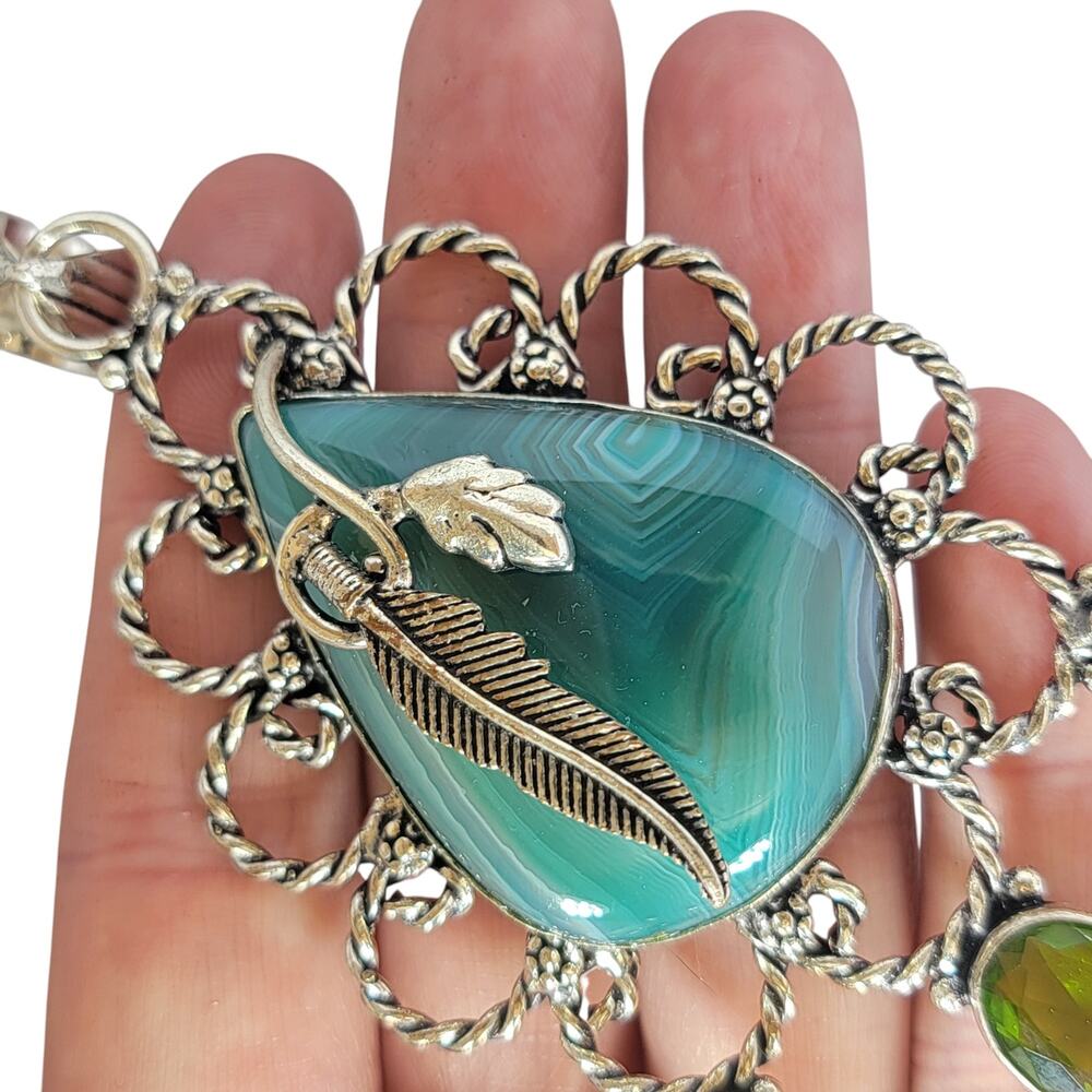 Sterling Silver Statement Agate Pendant Green Cry… - image 4